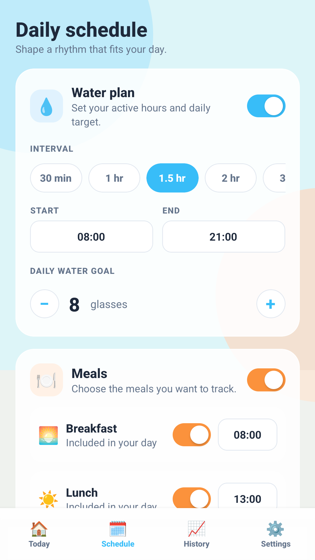 Sip & Bite Reminder schedule settings screen