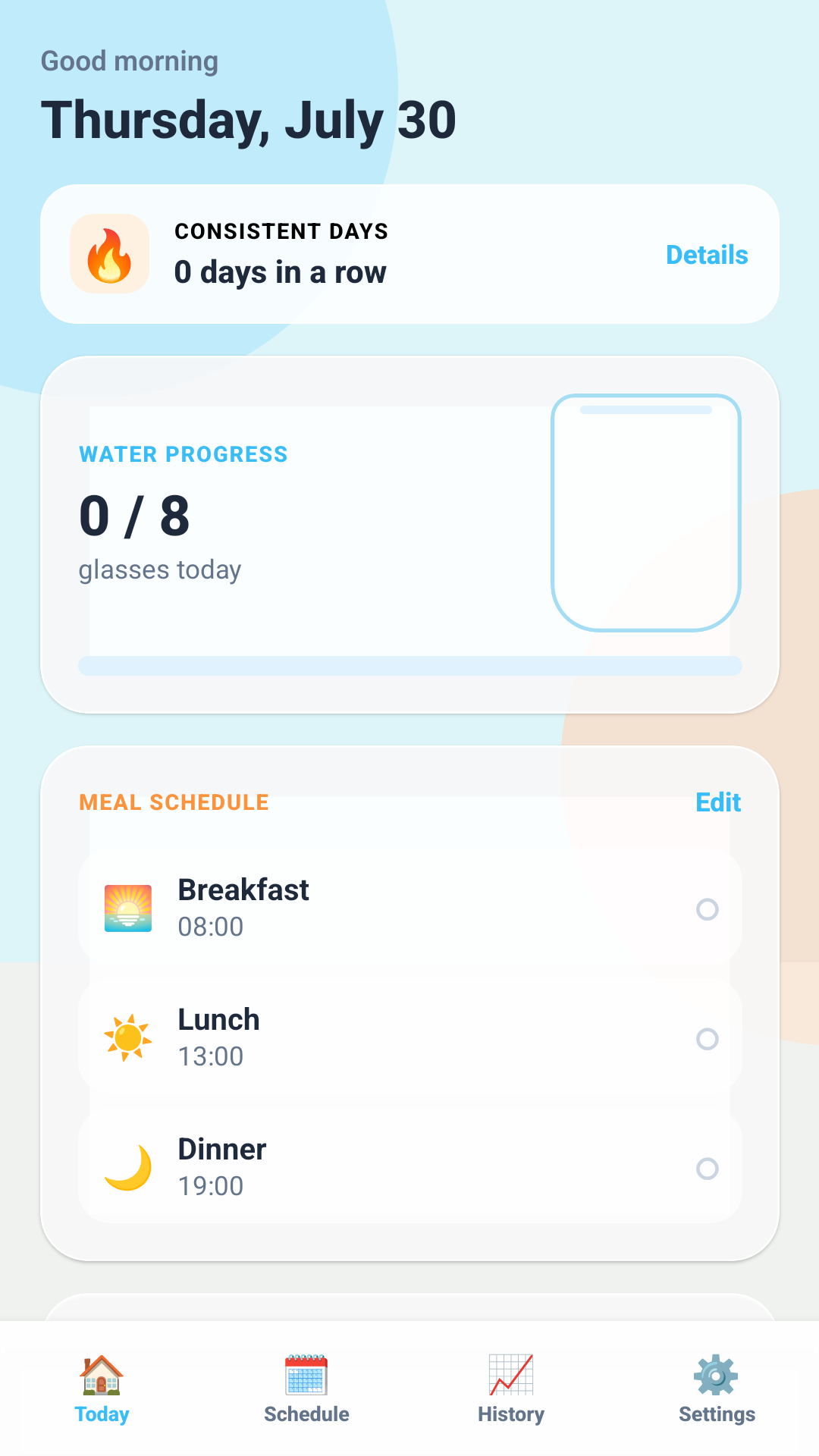 Sip & Bite Reminder today dashboard screen